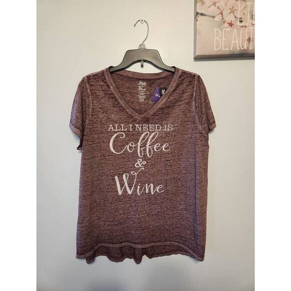 NWT State of Mind Size 2X All I Need Is Coffee & Wine Maroon Hwather Tshirt - Picture 1 of 4